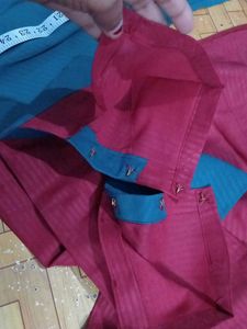 New Teal &amp; Red Embroidered Kurti Pant Set