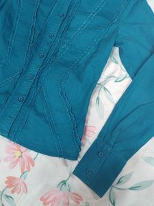 Teal Button-Up Shirt with Stitching Detail