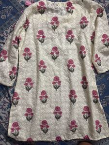 White kurta with pink floral print