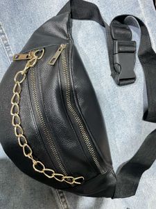 Black Faux Leather Fanny Pack with Gold Chain
