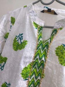 Elegant White Kurta with Green Print