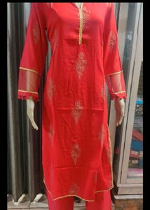 Elegant Red Kurta Set with Golden Print