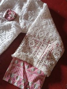 Elegant Pink Printed Kurta Set with Lace Jacket