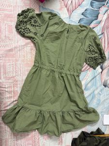 Olive Green Dress with Eyelet Sleeves