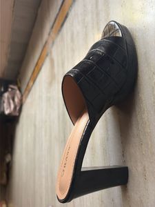 Black Croc Platform Block Heels