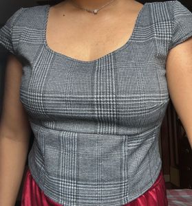 H&amp;M Plaid Square Neck Top