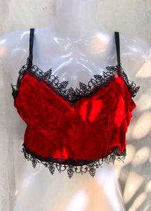 431110. Red Velvet Lace Trim Cami Top