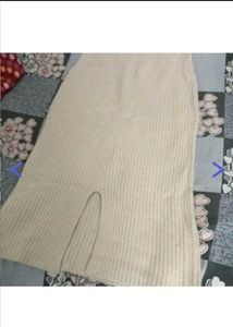 Beige Ribbed Knit Midi Skirt