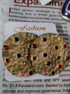 Gold Hammered Round Earrings with Gems