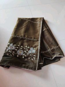 Embroidered Olive Green Saree white blouse