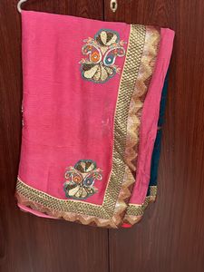 Teal &amp; Pink Embellished Saree