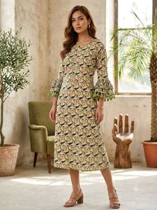 Boho Printed Midi Dress with Ruffled Sleeves