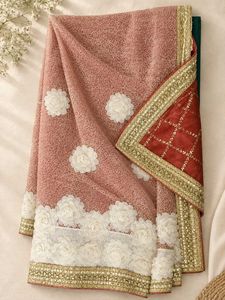 Elegant Rose Net Saree with 3D Flowers