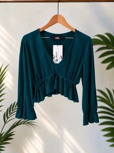 🌿 Midnight Green Ruffled Peplum Crop Top
