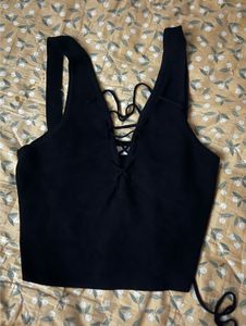 Black Lace-Up V-Neck Crop Top