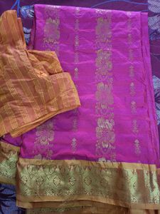 Vibrant Pink pattu Saree with Gold Border
