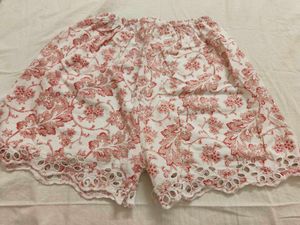 White & Red Floral Eyelet Shorts
