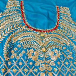 Firozi Blue Peacock Embroidered Party Wear Suit