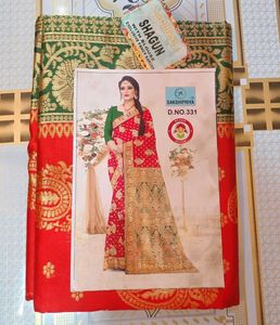Red &amp; Green Silk Saree with Blouse