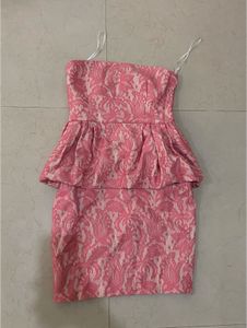 Chic Pink Brocade Strapless Peplum Dress