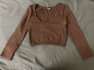 Brown Ribbed Long Sleeve Cropped Top