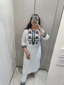 Elegant White Kurta Set with Black Embroidery