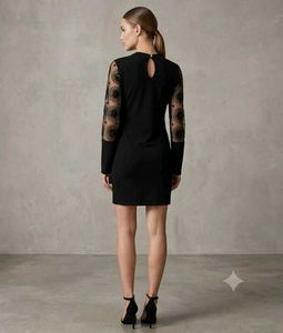 Black mini dress with sheer, embroidery long sleev