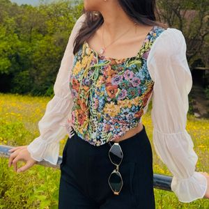 Floral Lace-up Corset Style Puff Full Sleeve Top