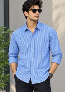 Mark & Spensor Men's Blue Striped Dress Shirt