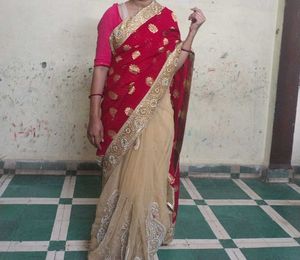 Elegant Red &amp; Gold white net Saree