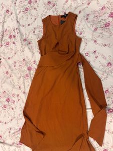 Chic Bow Front Midi Dress - Burnt Orange/Brown