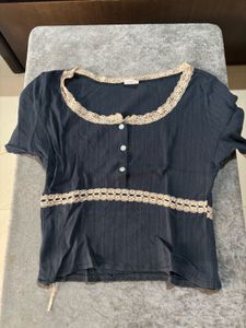 Cute Lace Trimmed Dark Blue Top
