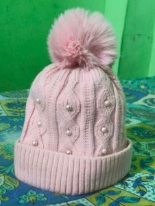 pink knitted winter beanie hat