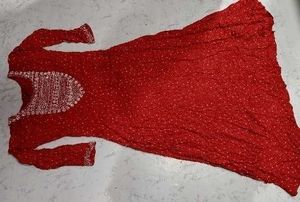 Red Printed Maxi Dress with Embellished Neckline