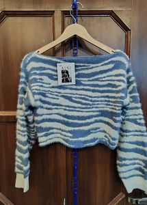 Fluffy Blue &amp; White Zebra Print Sweater