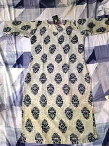 Brand New Cream &amp; Indigo Printed Straight kurti