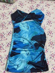 Blue Abstract Print Ruched Mini Dress