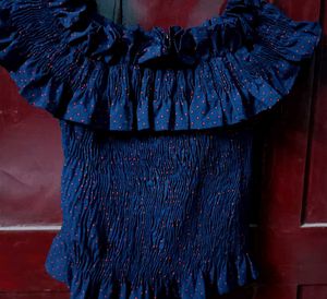 Smocked Off-Shoulder Navy Polka Dot Top