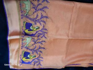 Elegant Peach Saree with Deer &amp; Woman Embroidery