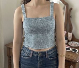 Cute Blue Smocked Tank Top & Denim Shorts Outfit