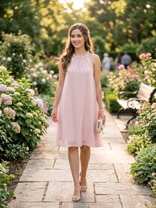Elegant Pink Pearl Neck Dress
