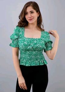 Green Floral Smocked Square Neck Top