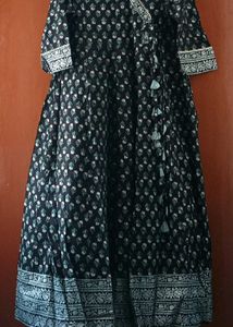 Black Printed pure cotton Kurta with Tassels