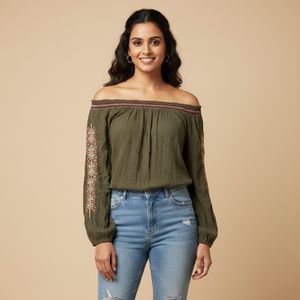 Embroidered Long-Sleeve Off-Shoulder Top