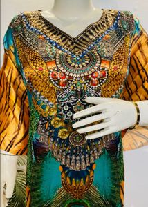 Vibrant Peacock Print Kaftan Maxi Dress