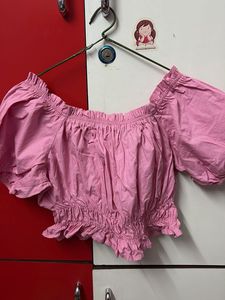 Pink Off-Shoulder Puff Sleeve Crop Top