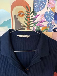 Navy Blue Ribbed Polo Top