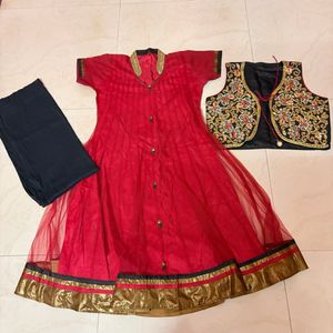 Red Anarkali Kurta Set with Embroidered Jacket