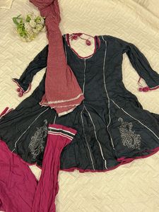 3 piece Maroon and Charcoal Kurta Set with Dupatta