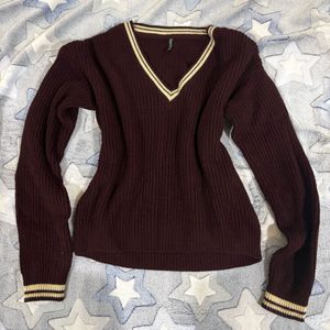 Korean Style Maroon V-Neck Knitted Sweater